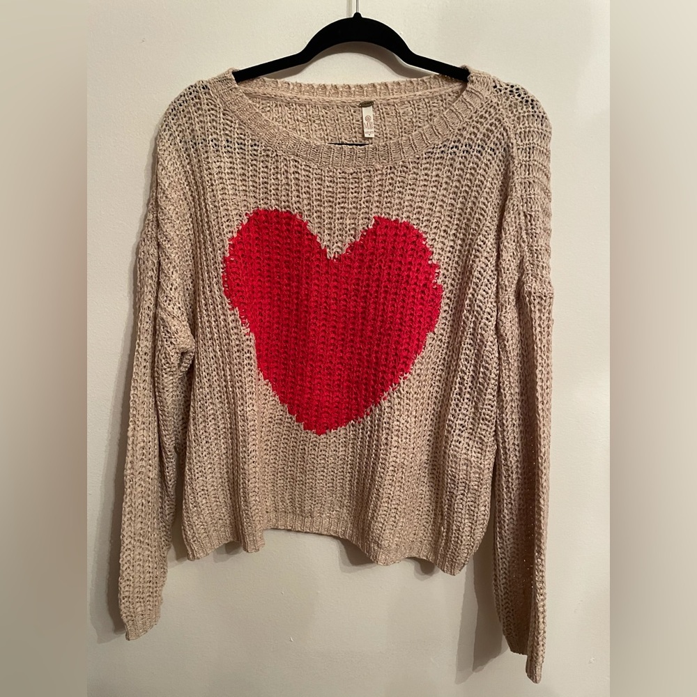 Cozy Cream Knit Sweater with Red Heart